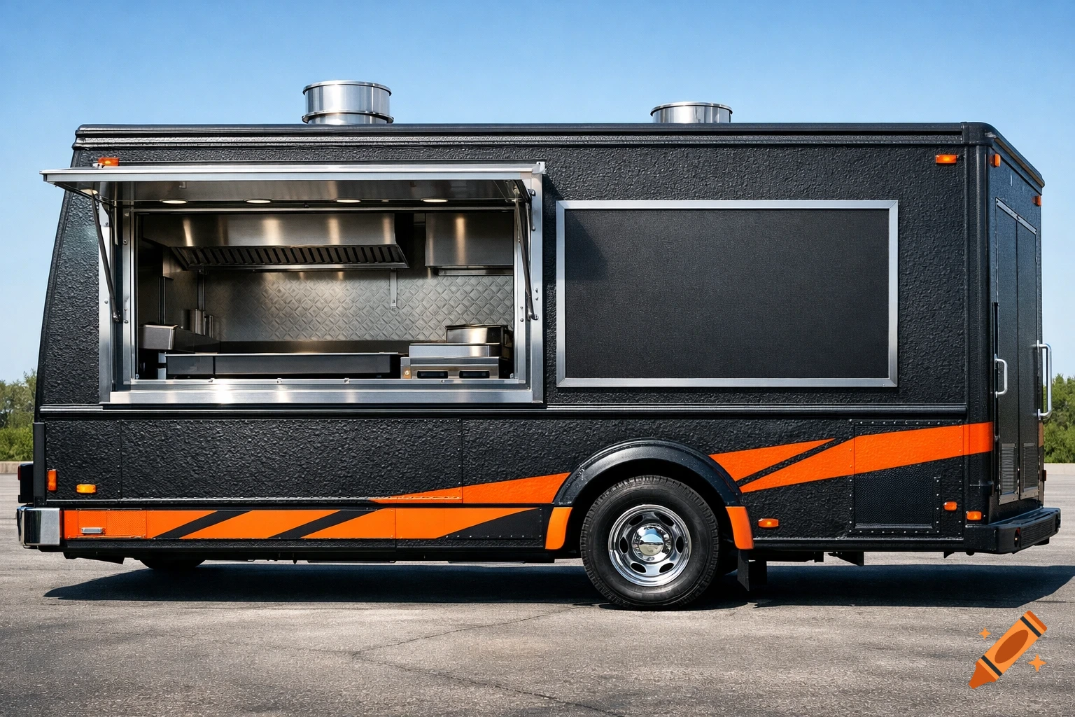 Photorealistic matte black food truck with orange stripes, an open stainless steel serving window, and a blank branding panel on its side.