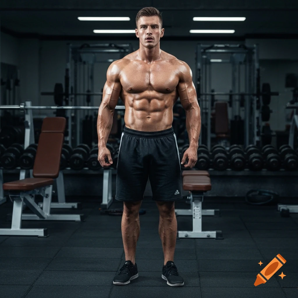 A muscular man with a chiseled physique stands shirtless in a gym, looking directly at the viewer.