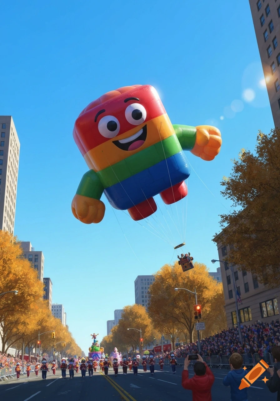 A large, colorful, rainbow-striped block character balloon floats high above a city street during a parade, with crowds and fall trees below.