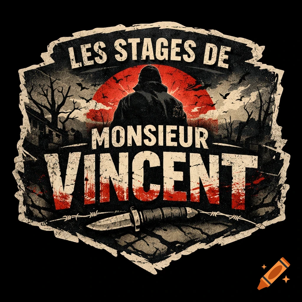 A dark, grunge-style sticker featuring a cloaked figure, bare trees, and a red sky, with a knife and barbed wire at the bottom. The text reads "LES STAGES DE MONSIEUR VINCENT".
