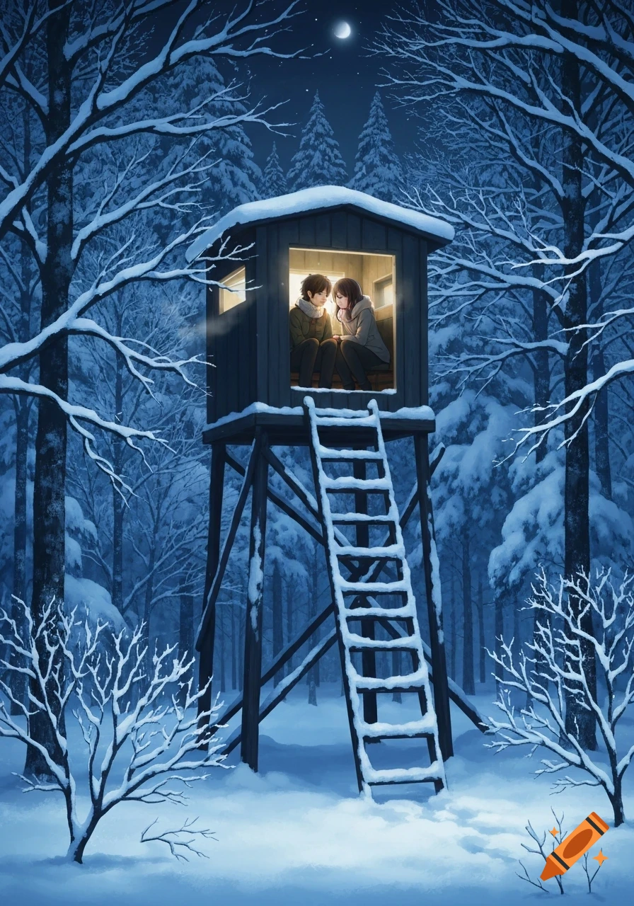 Anime couple sitting in a lit hunting blind in a snowy forest at night under a crescent moon.