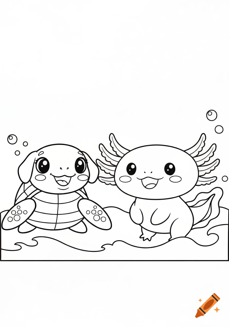 Black and white coloring page of a smiling cartoon sea turtle and an axolotl with bubbles.