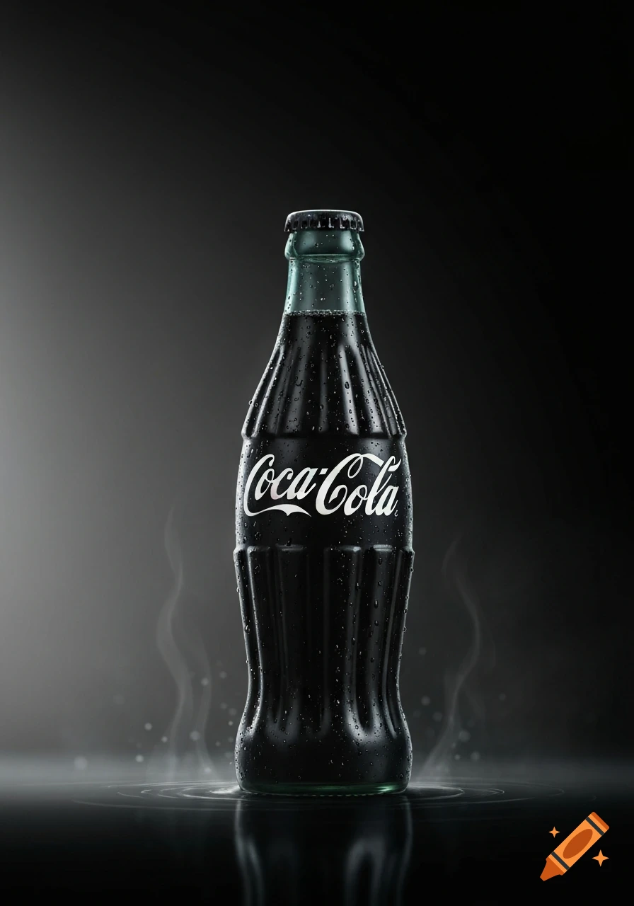 A dark, wet Coca-Cola bottle with a white logo stands on a reflective black surface with steam.