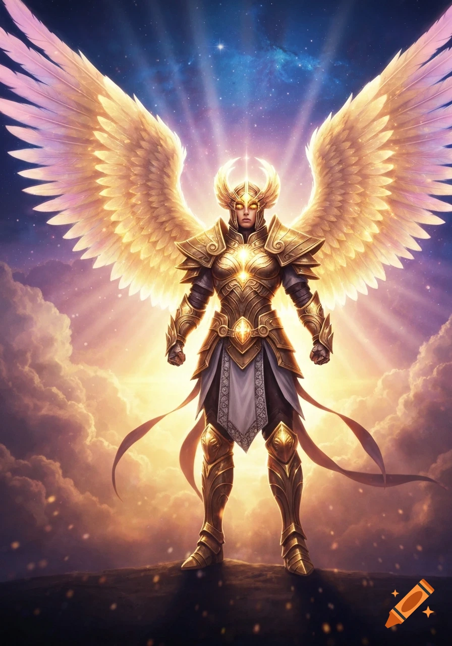 A majestic archangel in glowing golden armor with large radiant wings stands against a cosmic starry sky.