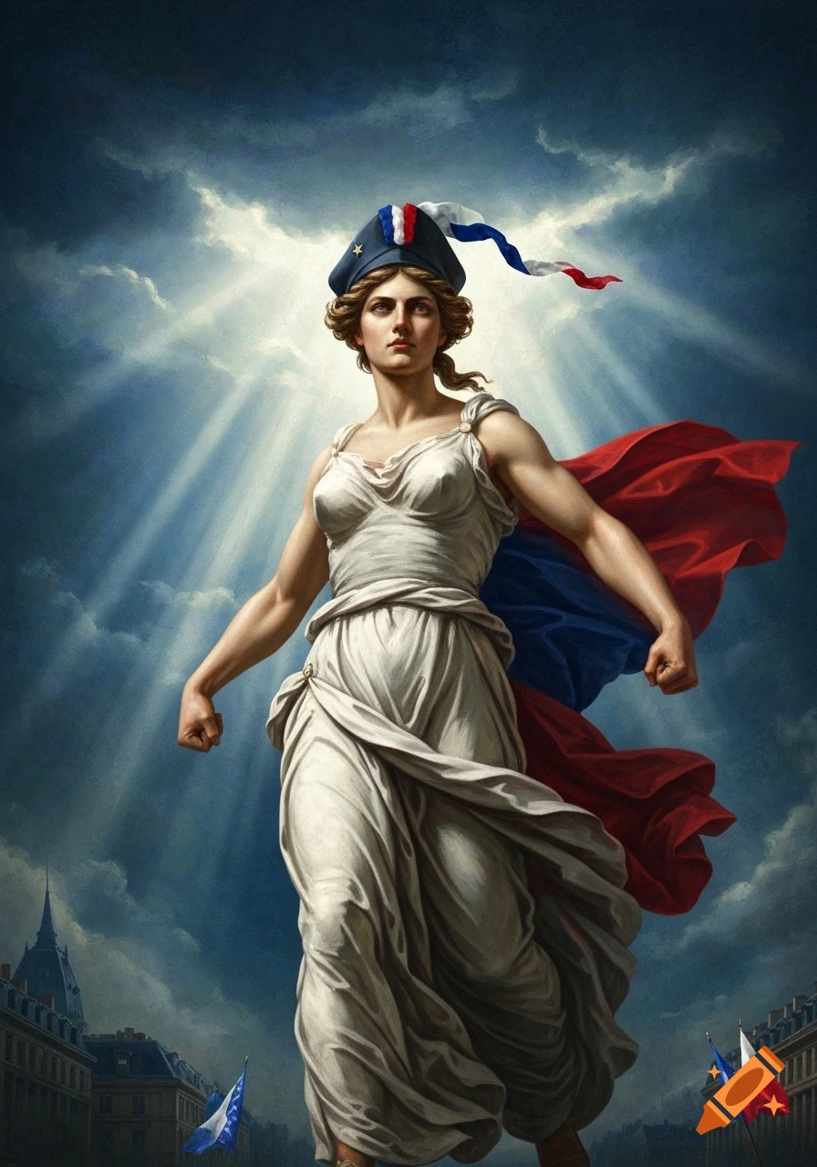 A classical painting of Marianne, the French Republic, in a white dress, Phrygian cap, and cape under a dramatic sky.