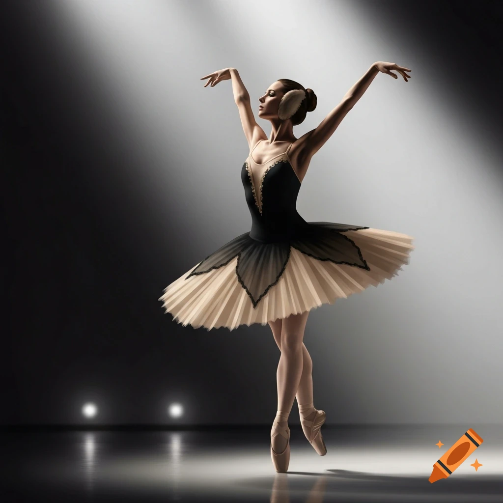 A ballet dancer in a black and beige tutu, with fluffy ear coverings, poses on pointe under a spotlight on a dark stage.