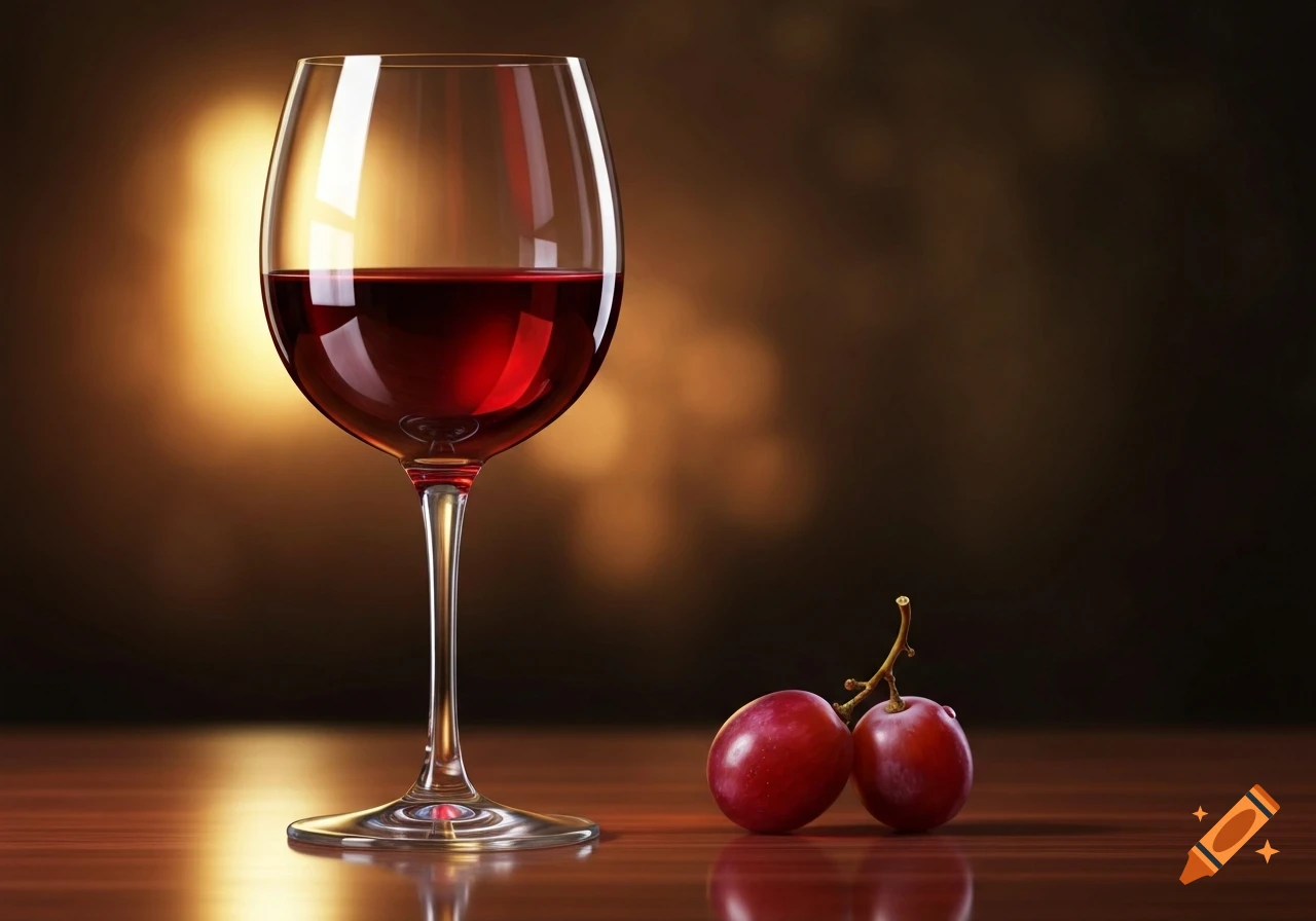 A glass of red wine sits next to two red grapes on a glossy wooden table, with a warm, blurred background.