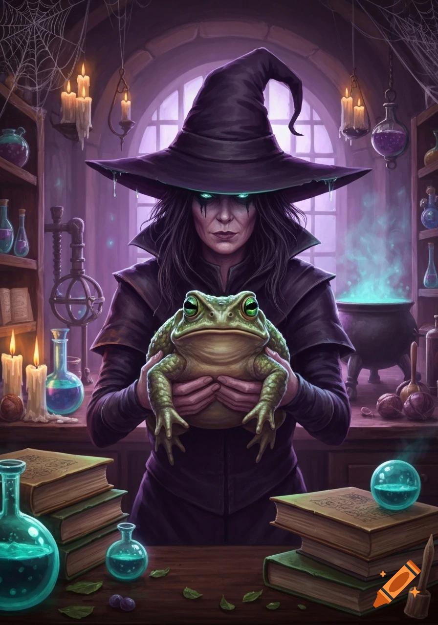 A dark witch with glowing green eyes holding a large toad in a magic-filled room with potions and candles, fantasy art.