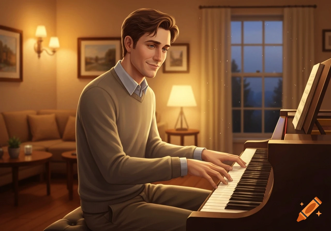 A smiling man in a sweater plays a grand piano in a cozy, dimly lit room with a window showing a night sky.