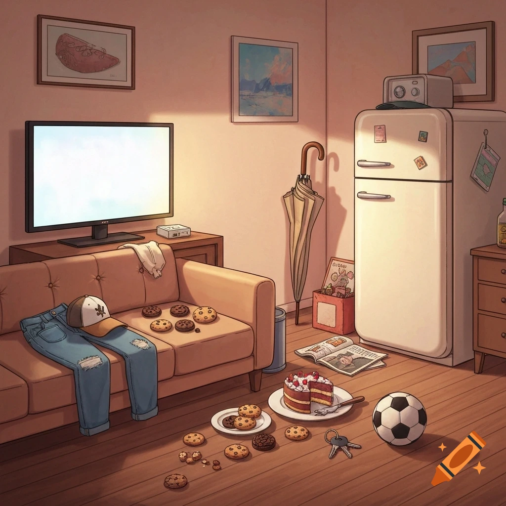Illustration of a living room scene with a couch, TV, fridge, jeans, baseball cap, umbrella, cookies, cake, soccer ball, and keys.