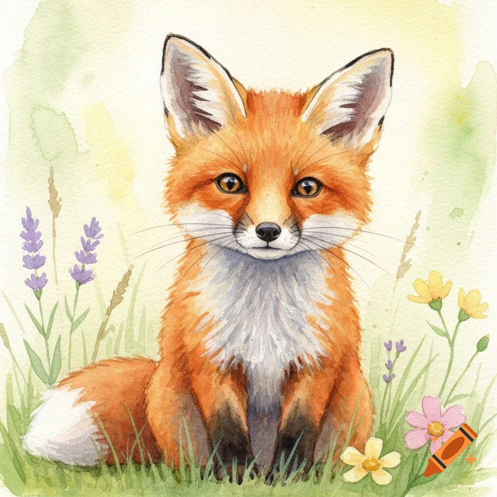 A cute watercolor painting of a red fox sitting in a grassy field with lavender and wildflowers.