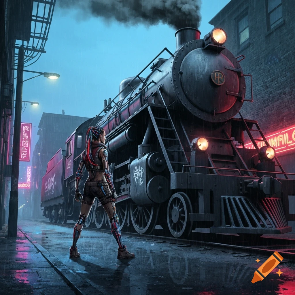 A cyberpunk woman stands on a wet street next to a large steam locomotive in a rainy, neon-lit city at night.