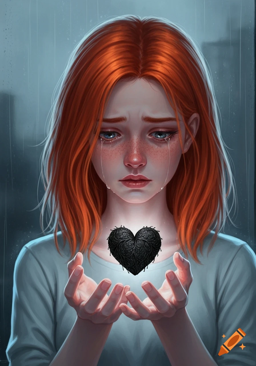 Crying ginger anime woman with freckles sadly holds a glowing black heart-shaped object.