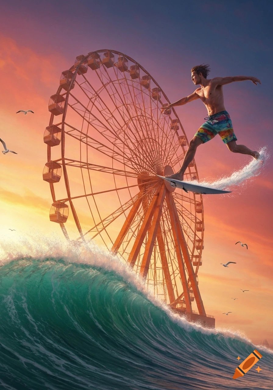 A man surfs a large wave in front of a giant Ferris wheel at sunset, with seagulls flying.