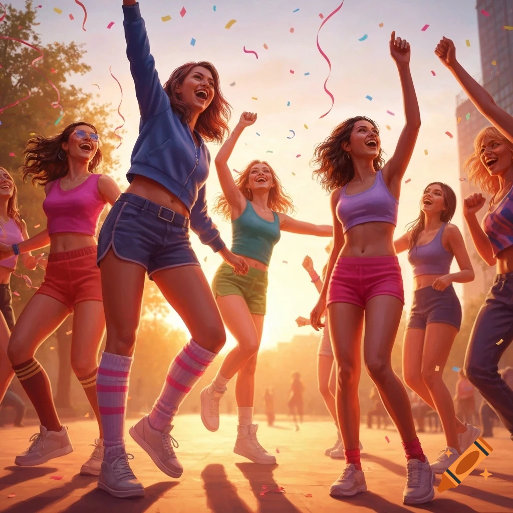 A group of cheerful women in athletic wear dance outdoors under falling confetti at sunset.