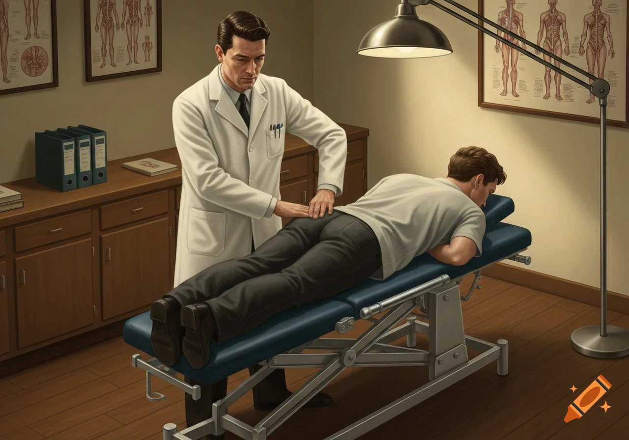 A male chiropractor in a white coat adjusts a male patient's lower back on an examination table in a clinic.