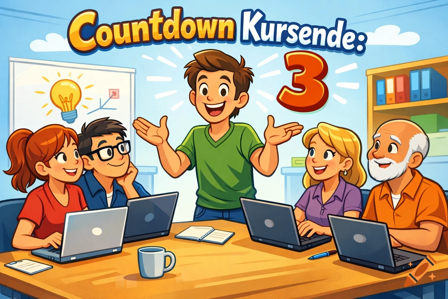 Cartoon of five people in a classroom, one presenting to others working on laptops, with text 'Countdown Kursende: 3' above.