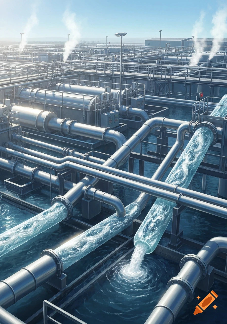 An aerial view of a large industrial water treatment plant with numerous metal pipes, tanks, and clear blue water flowing through them.