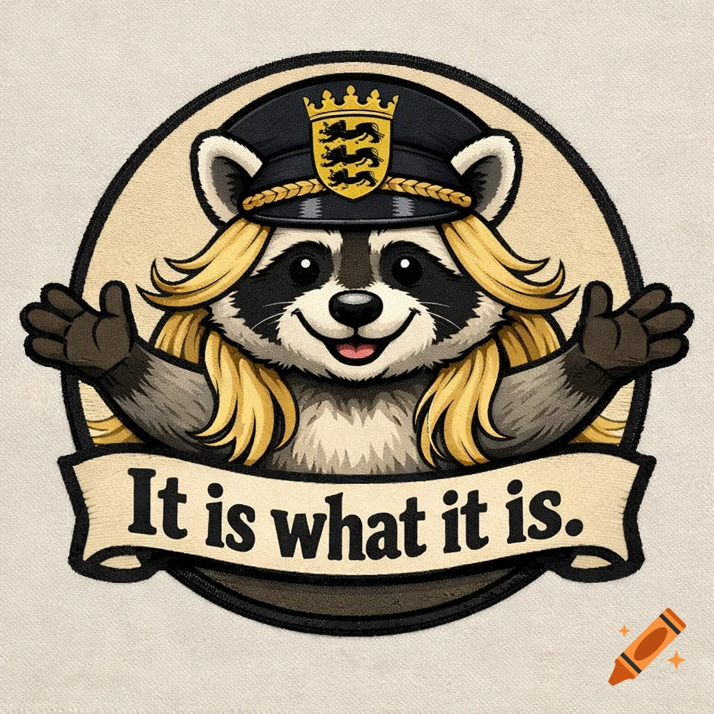 A smiling cartoon raccoon with blonde hair and a police hat with three lions, holding its hands out above a banner reading "It is what it is."