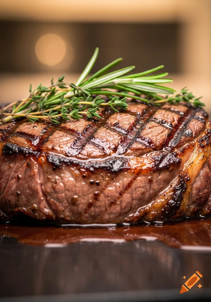 Close-up of a perfectly grilled steak garnished with fresh rosemary and thyme, resting on a dark surface.
