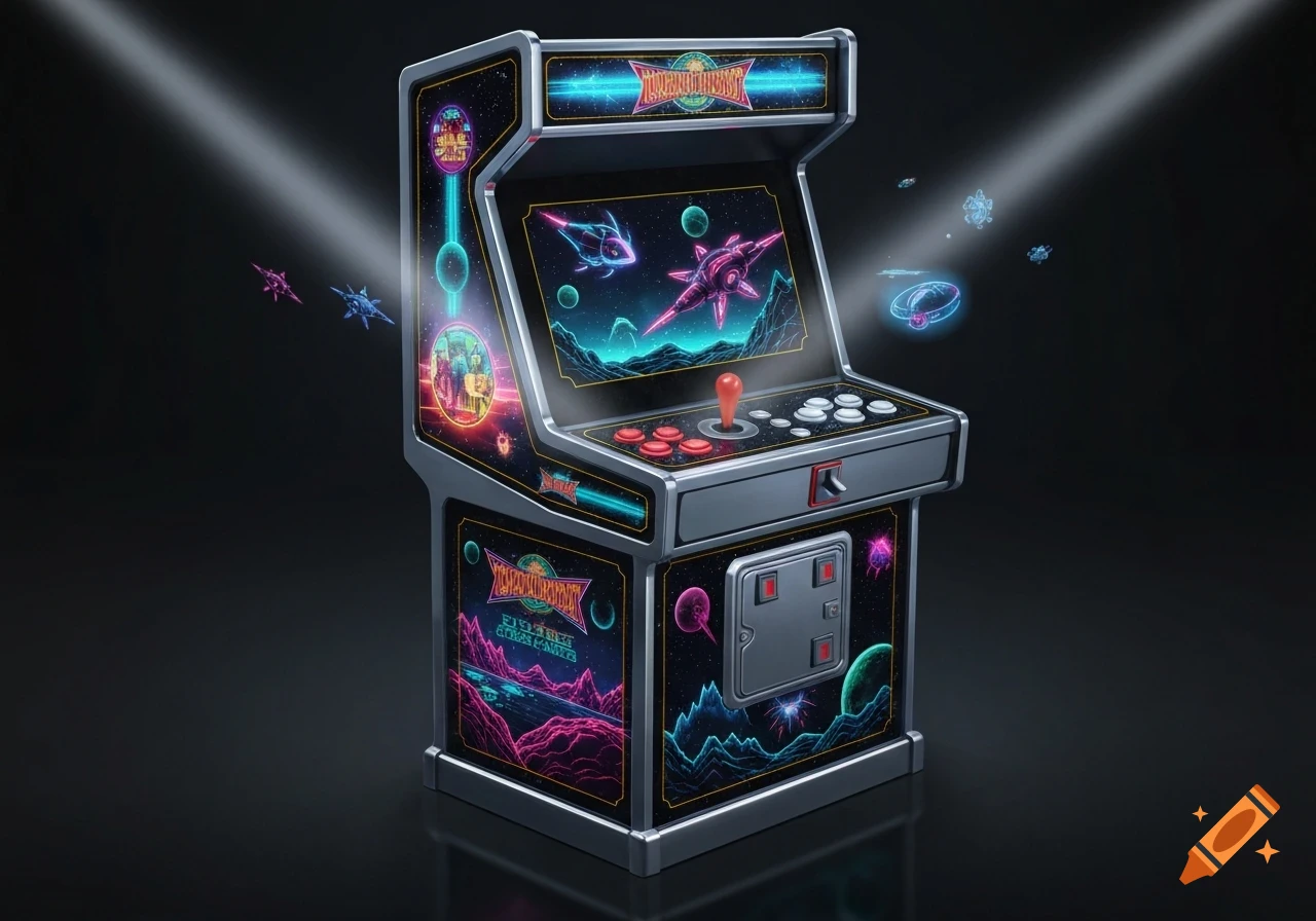 A neon-lit retro arcade cabinet featuring a space-themed video game with vibrant planets and spaceships.