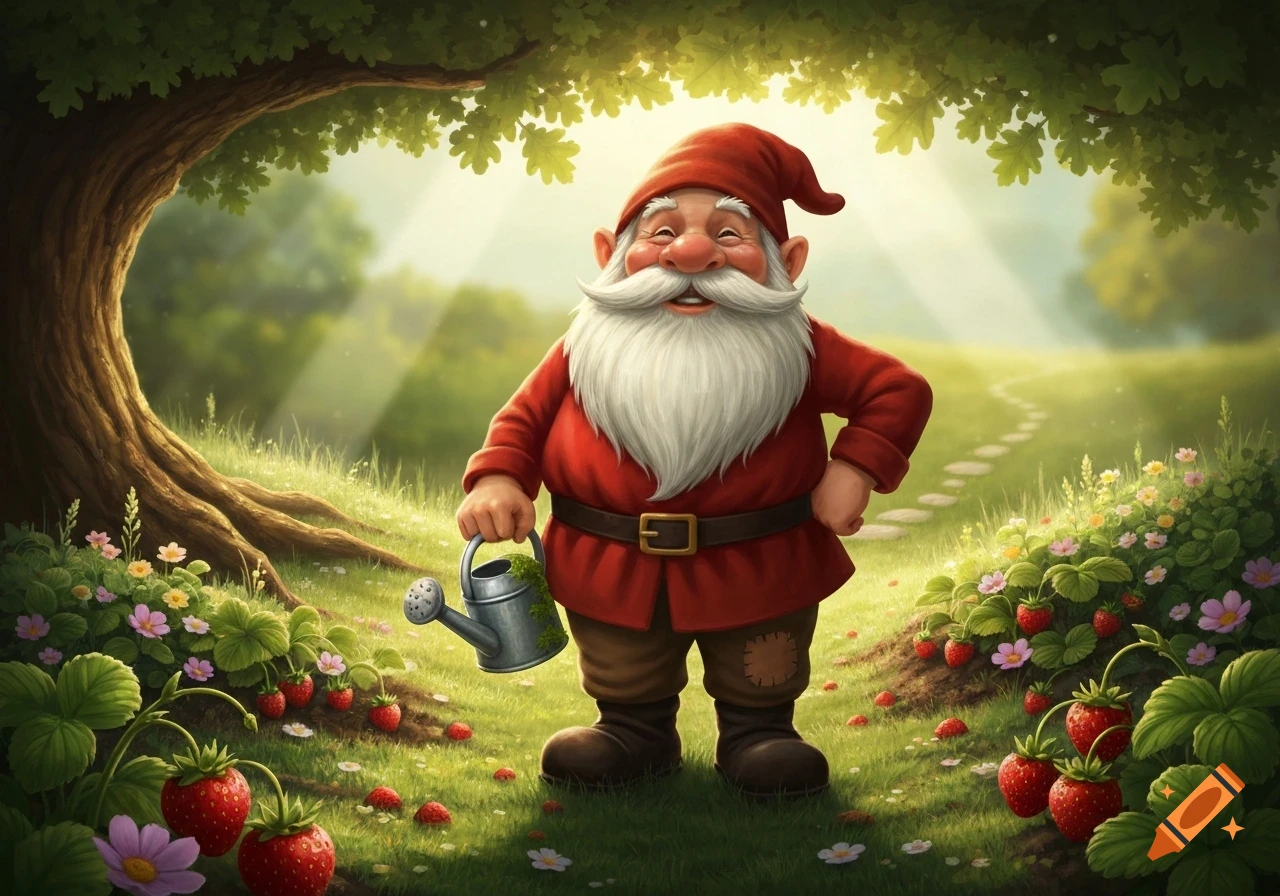 A smiling garden gnome with a white beard and red hat holds a watering can amidst strawberries and flowers in a sunny forest.