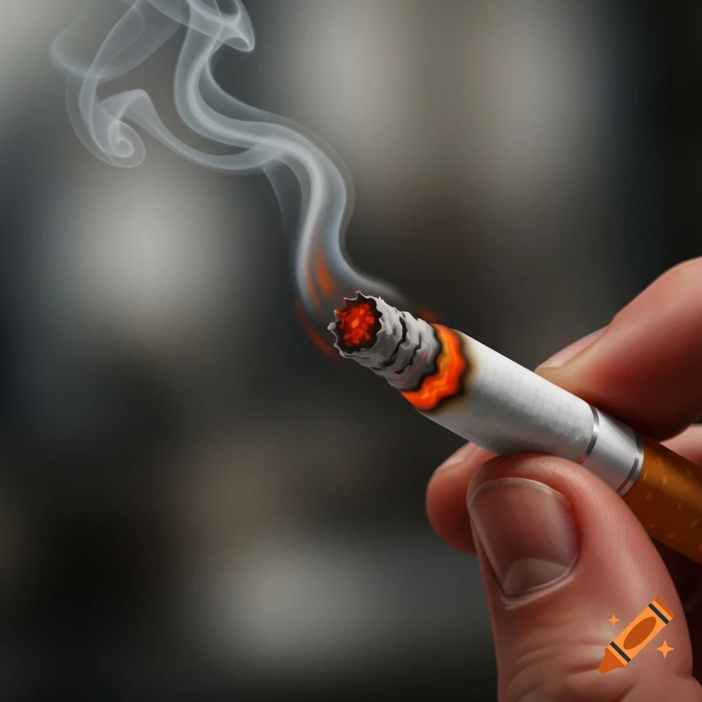 Close-up of a hand holding a lit cigarette with smoke rising, against a blurred background.
