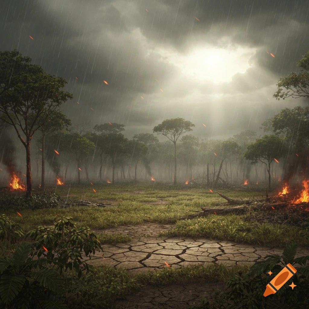 Photorealistic image of a forest on fire during heavy rain, with cracked earth in the foreground and sunlight breaking through stormy clouds.