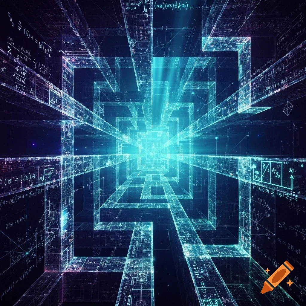 A glowing blue digital maze tunnel with intricate mathematical equations and symbols on its transparent walls, leading to a bright light.