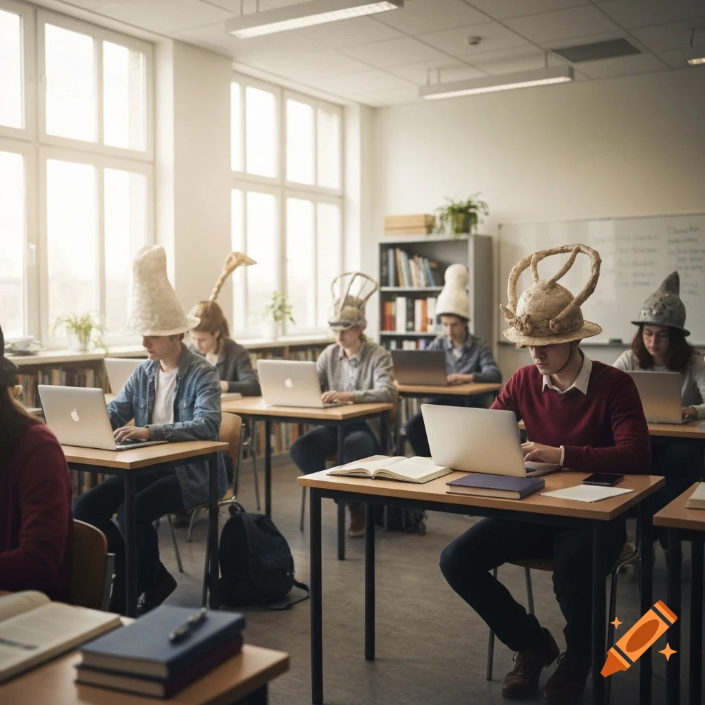 Realistic photo of students wearing strange, elaborate hats while working on laptops at desks in a bright classroom.