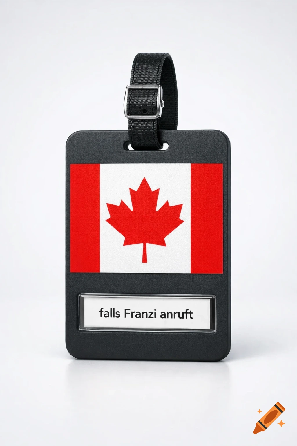 Photorealistic product photo of a black luggage tag with the Canadian flag and 'falls Franzi anruft' text on a white background.