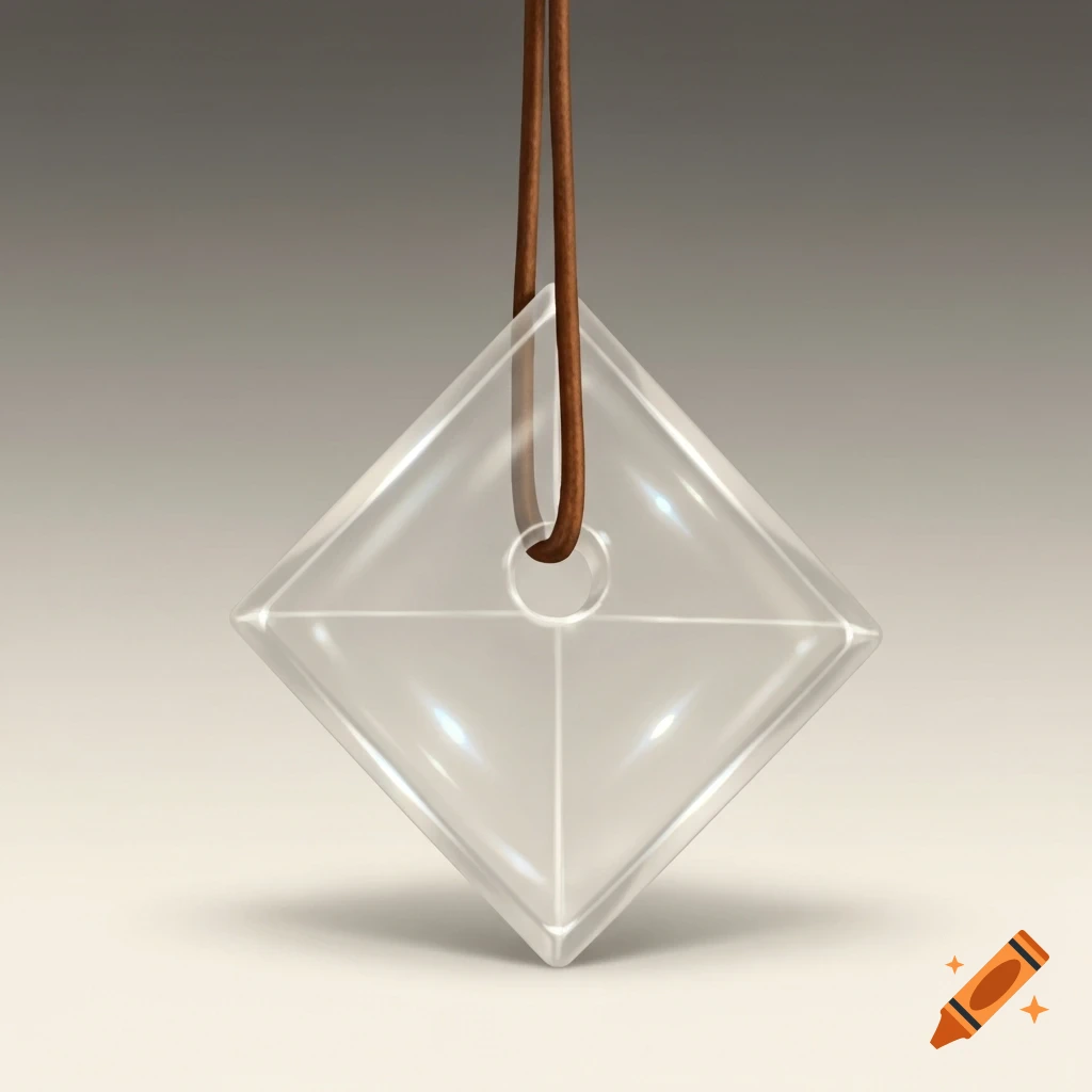 A translucent, faceted diamond-shaped pendant with a central hole, through which a brown leather cord passes, against a gradient background.