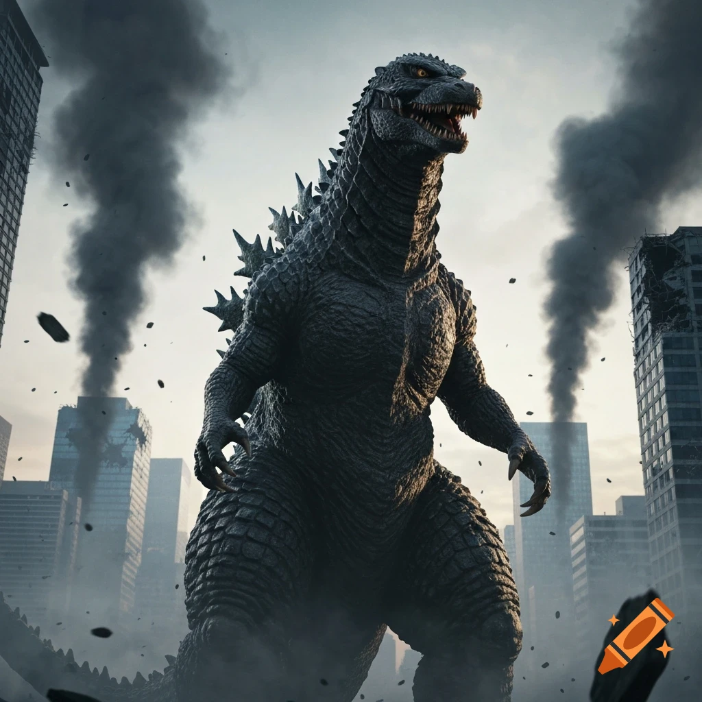 A giant, scaly Godzilla roars in a destroyed city, surrounded by smoke plumes and crumbling buildings in a photorealistic style.