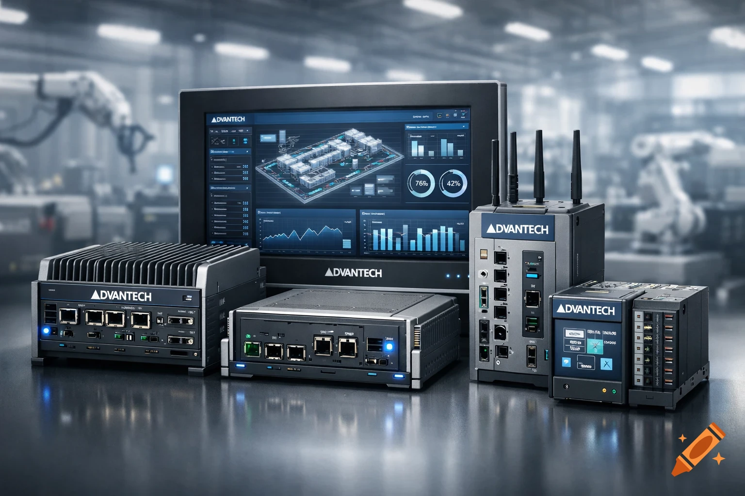 Close-up of several Advantech industrial computers and networking devices, with a monitor displaying data, in a factory setting.