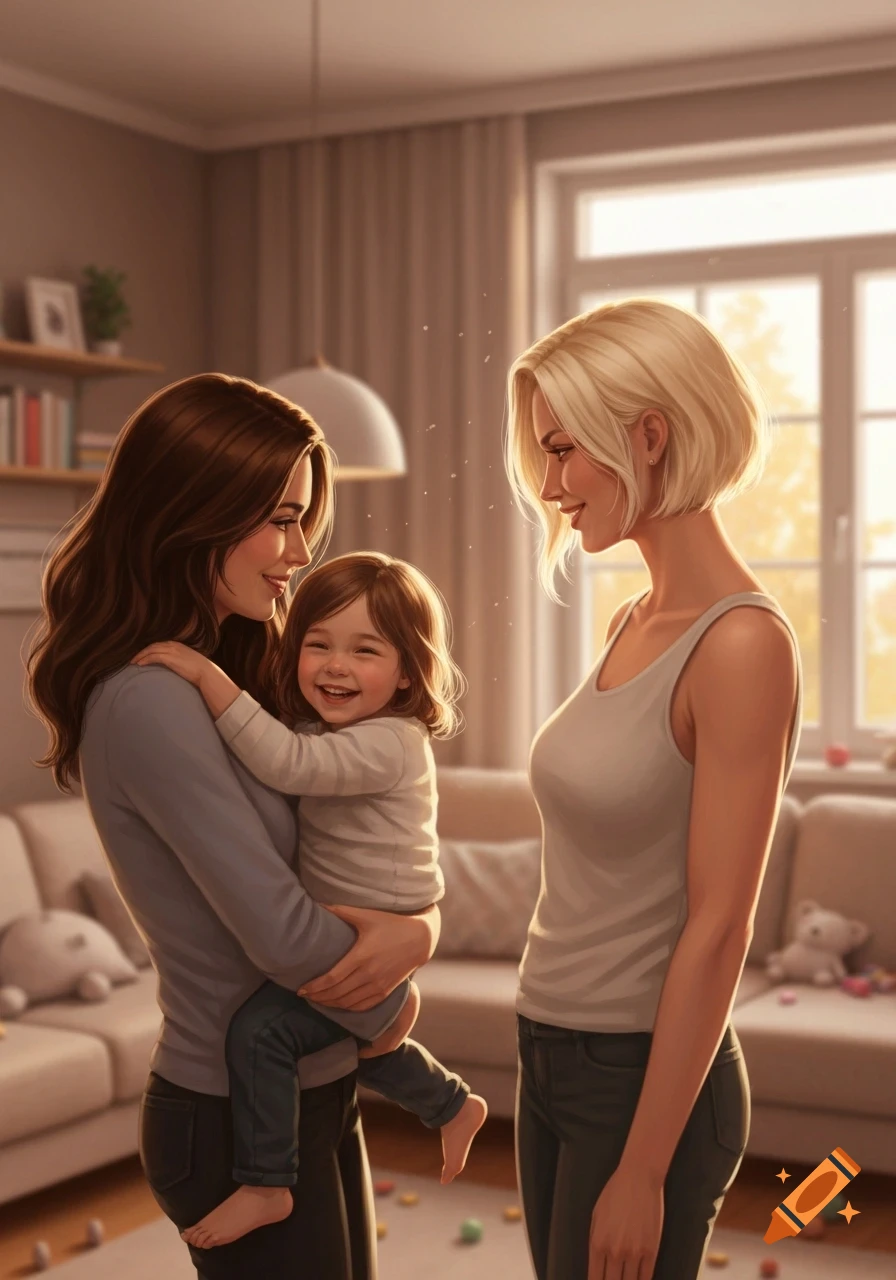 A brunette woman holding a laughing toddler, looking at a blonde woman smiling in a bright living room, digital illustration.
