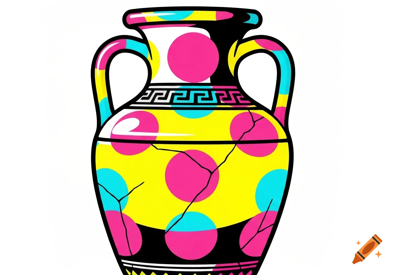 A pop art illustration of an ancient vase with bright pink, yellow, and blue polka dots, a black top, and Greek key pattern.