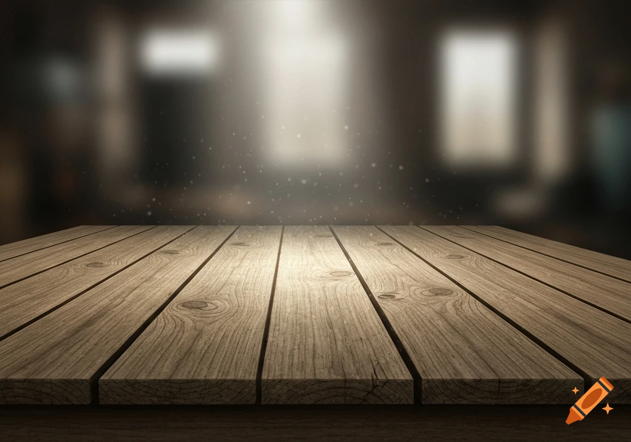 Empty wooden plank table or platform with a blurred, dimly lit background featuring light sources and dust.