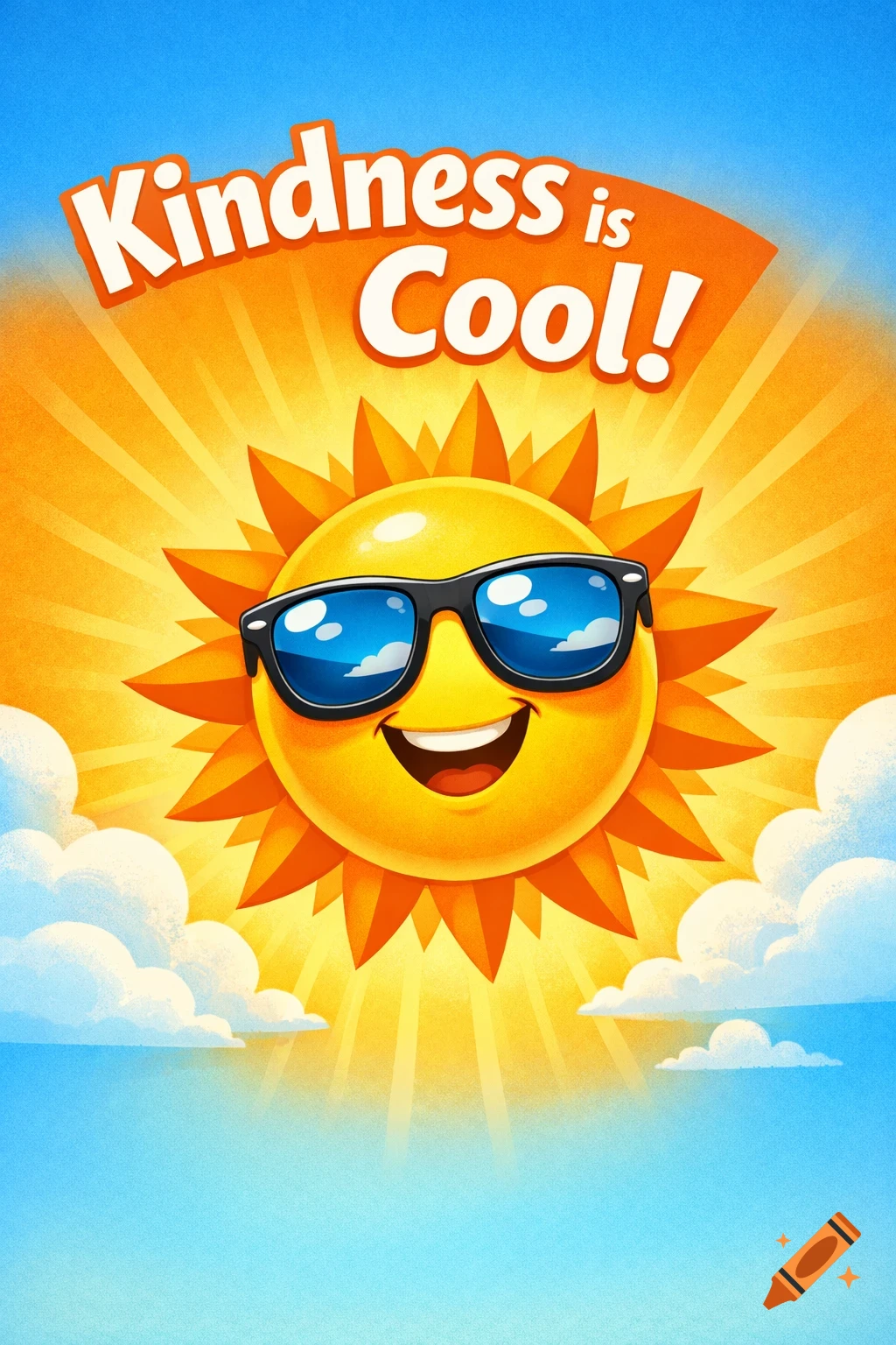 A cheerful cartoon sun in sunglasses smiles beneath the text 'Kindness is Cool!', set against a bright sky with rays and clouds.