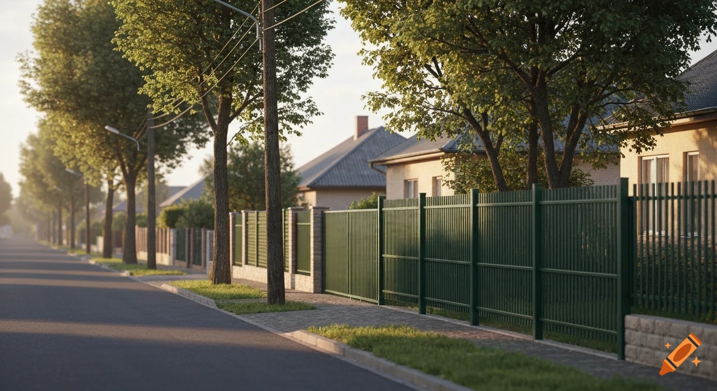 A photorealistic quiet suburban street scene with houses, green fences, and mature trees alongside a paved road.