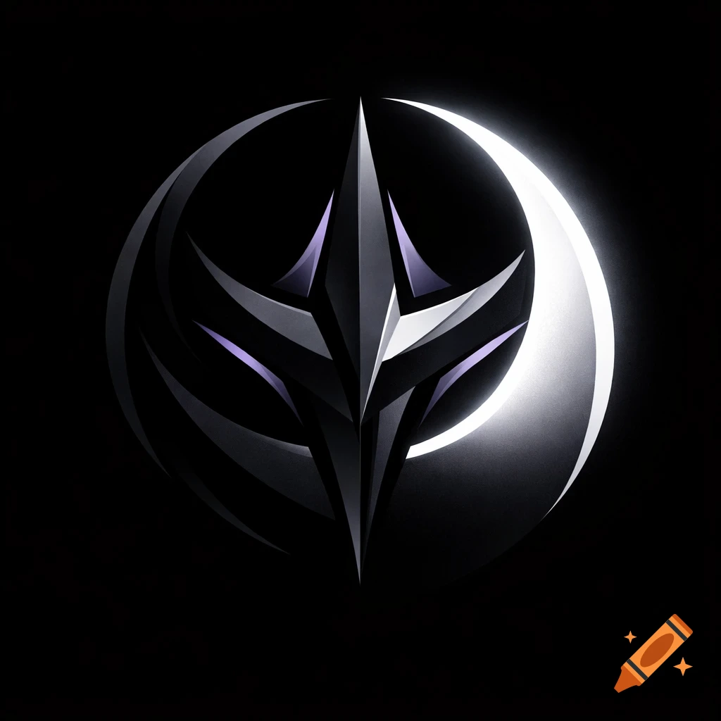 A modern esports logo with a dark, sharp, geometric central design resembling a stylized star or crest, partially encircled by a bright, white crescent, set against a black background. Muted violet accents are visible within the dark shapes.