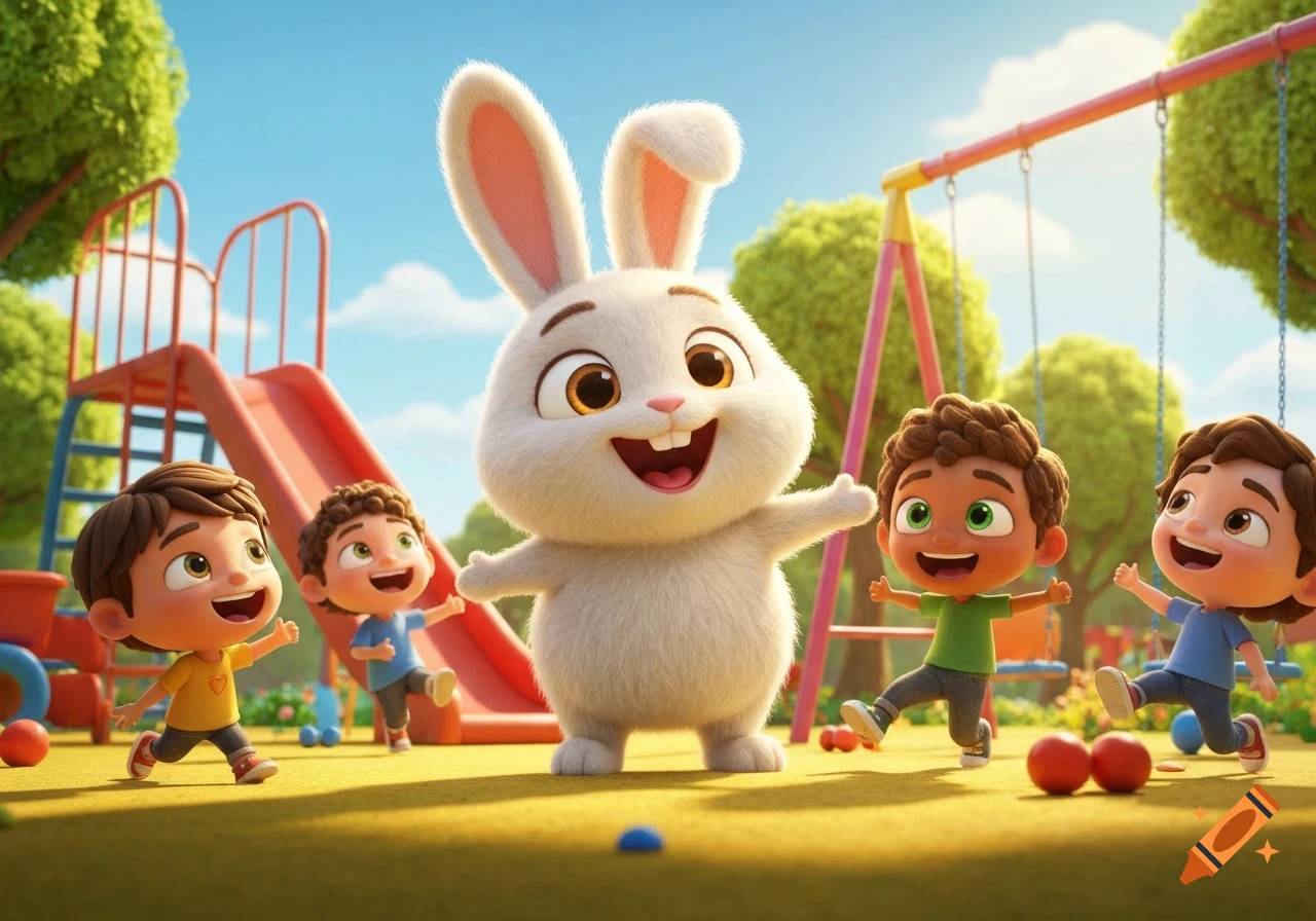 A cute cartoon rabbit plays happily with joyful children in a colorful outdoor playground.
