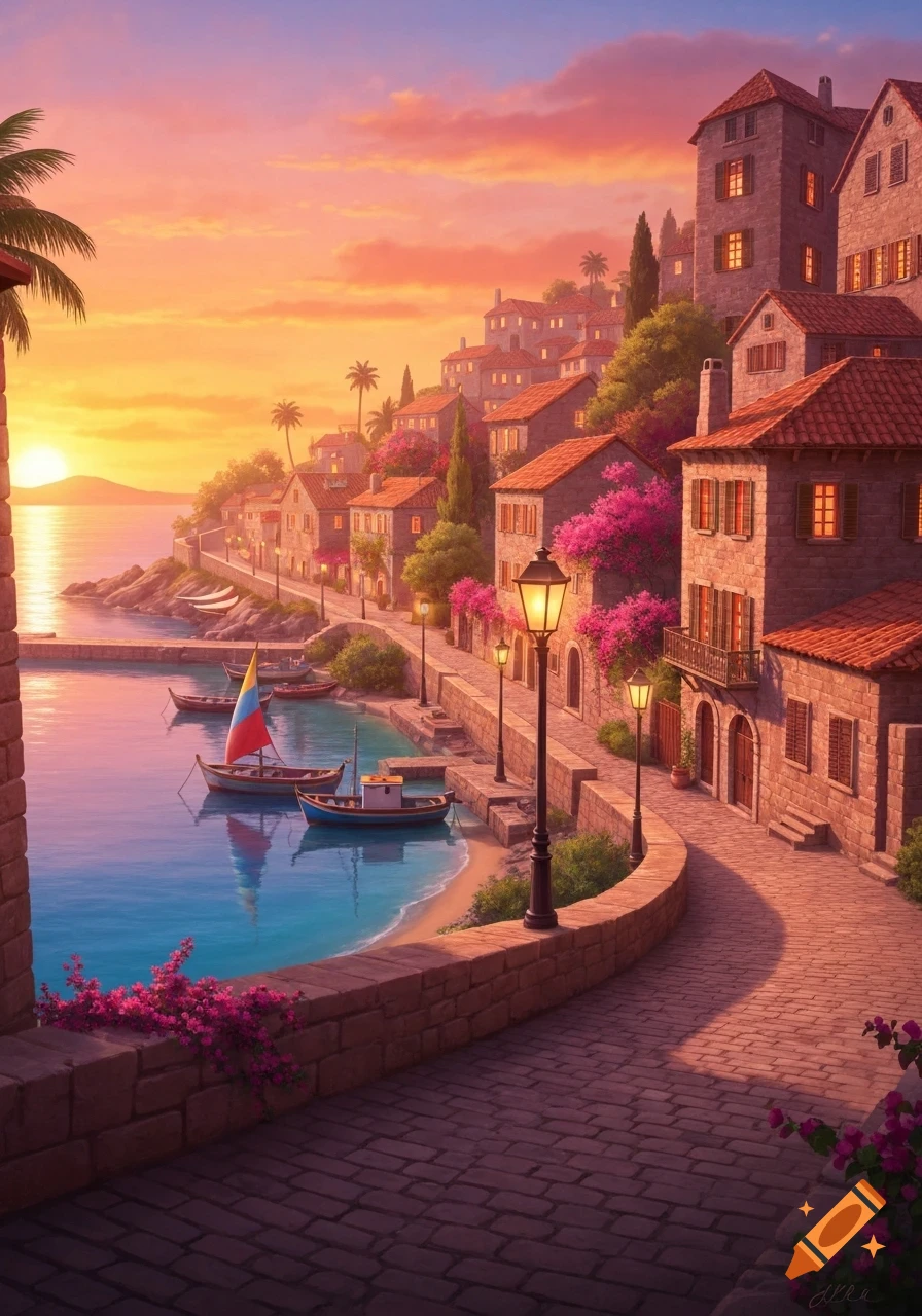 A vibrant coastal town at sunset with colorful buildings, boats in a calm harbor, and a cobblestone path along the water.