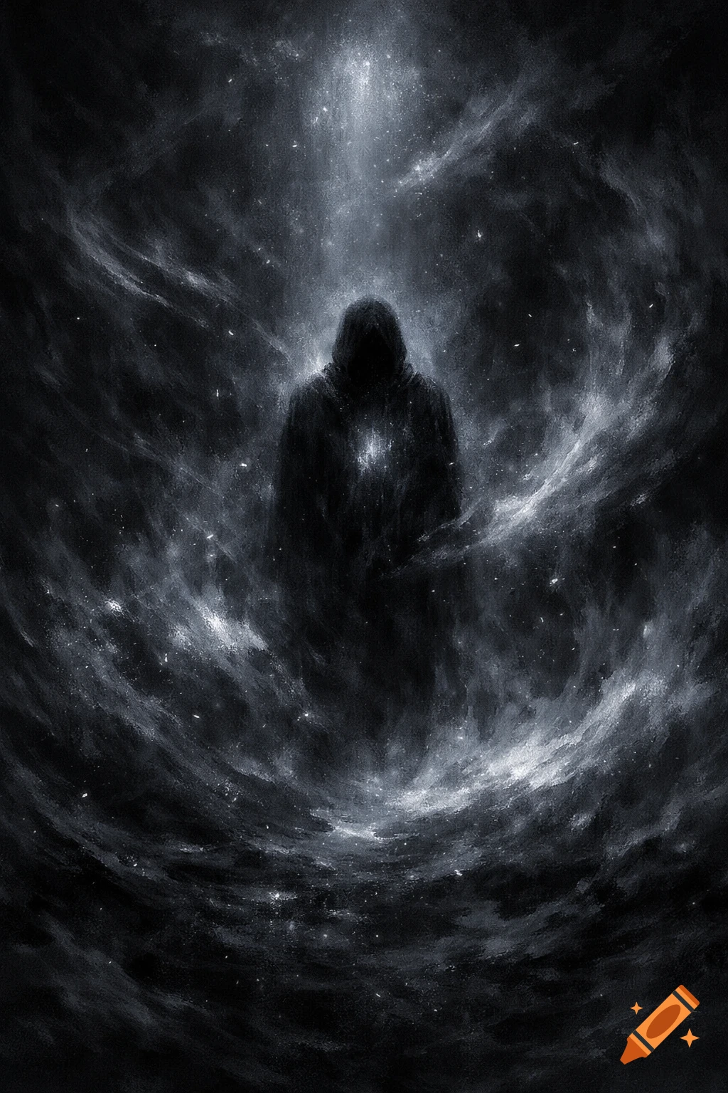A shadowy hooded figure in a dark, swirling cosmic nebula with faint stars, creating a mysterious and spiritual atmosphere.