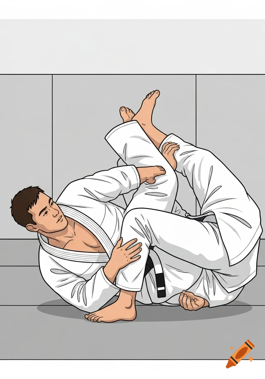 Cartoon illustration of two male Brazilian Jiu-Jitsu fighters grappling on the mat, one in a back mount position with seatbelt control.