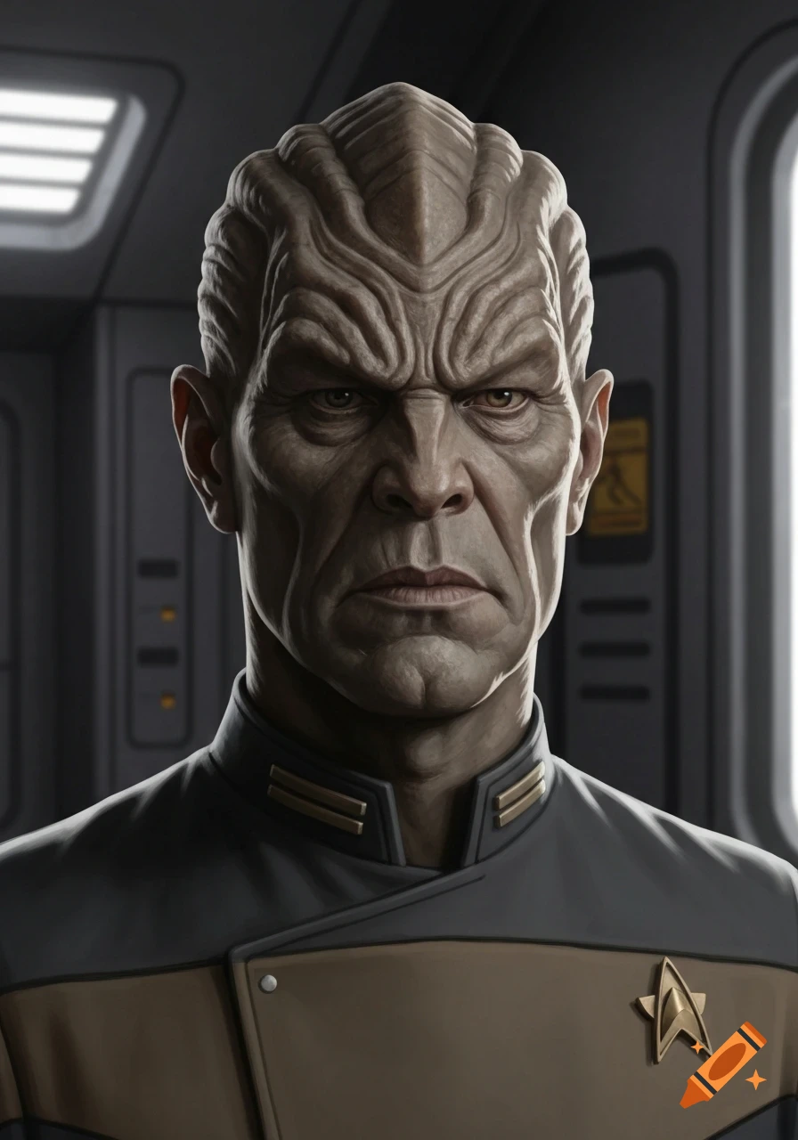 A close-up portrait of a serious-looking Cardassian alien with textured grey skin and ridged head, wearing a Starfleet uniform.