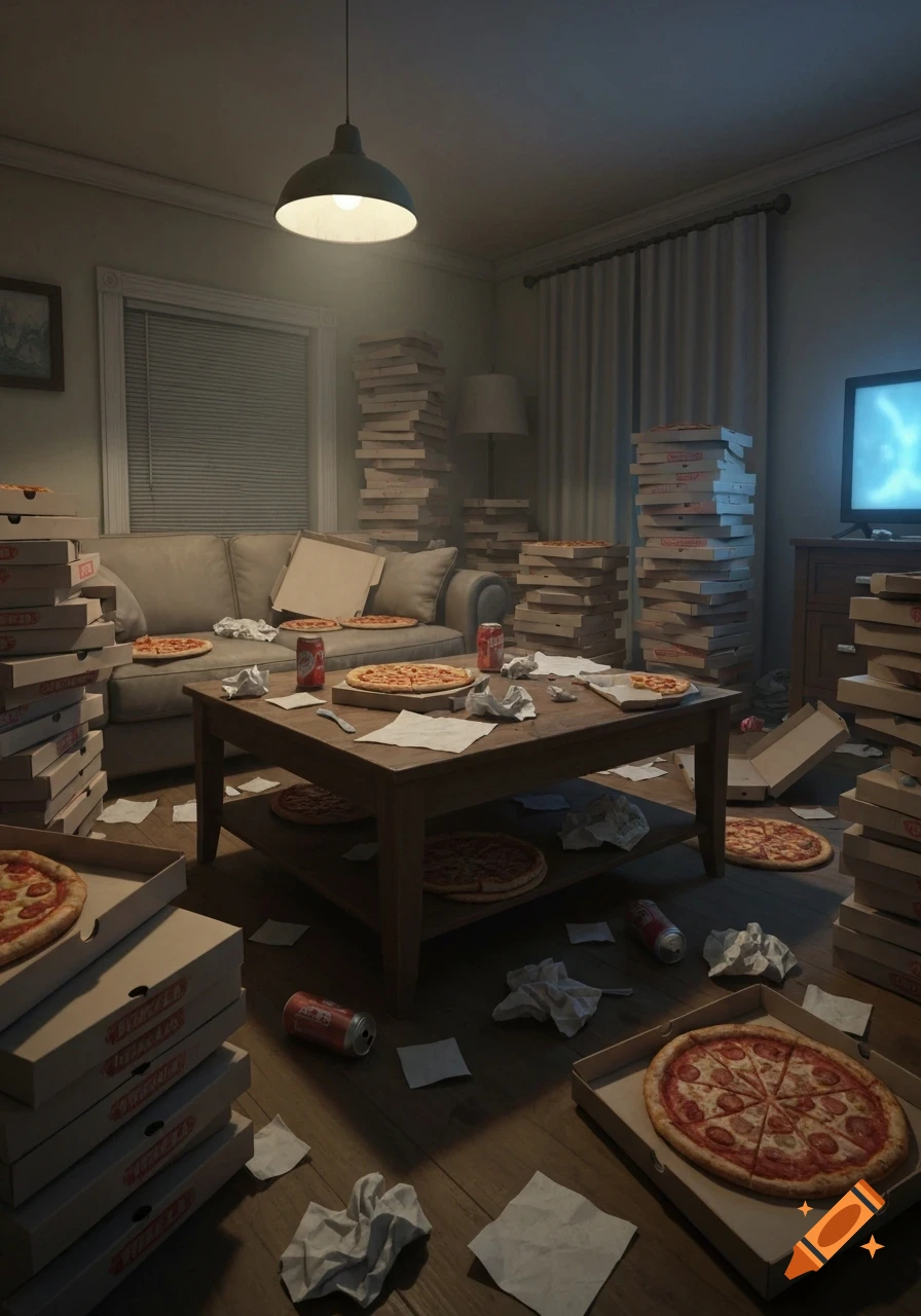 A messy living room filled with stacks of pizza boxes, open pizzas on the coffee table and floor, and scattered trash.