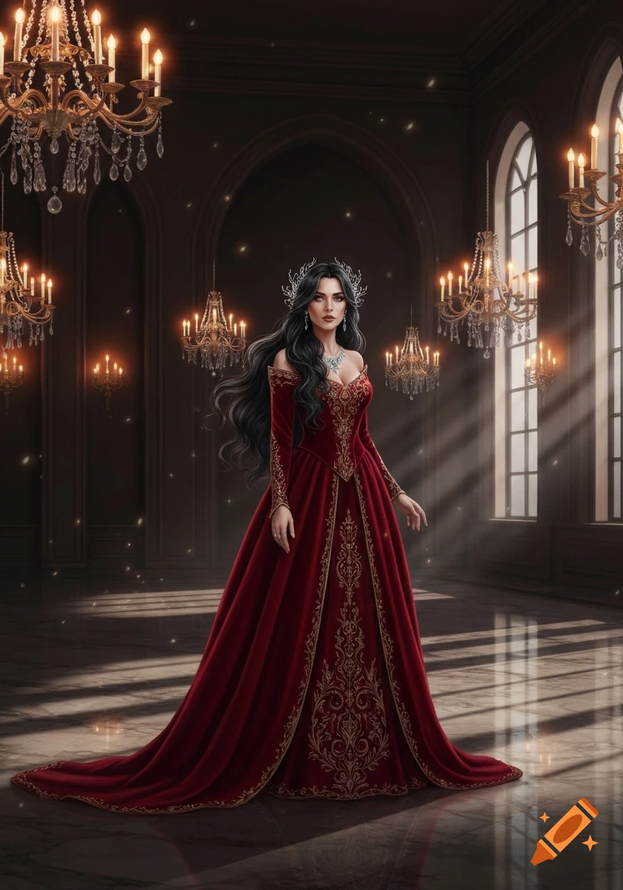 A regal woman in an elaborate red gown and a silver tiara stands in a ...