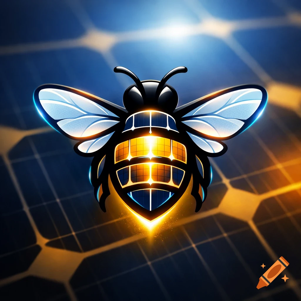 A stylized bee logo with a body made of glowing solar panel segments, set against a blurred solar panel grid.