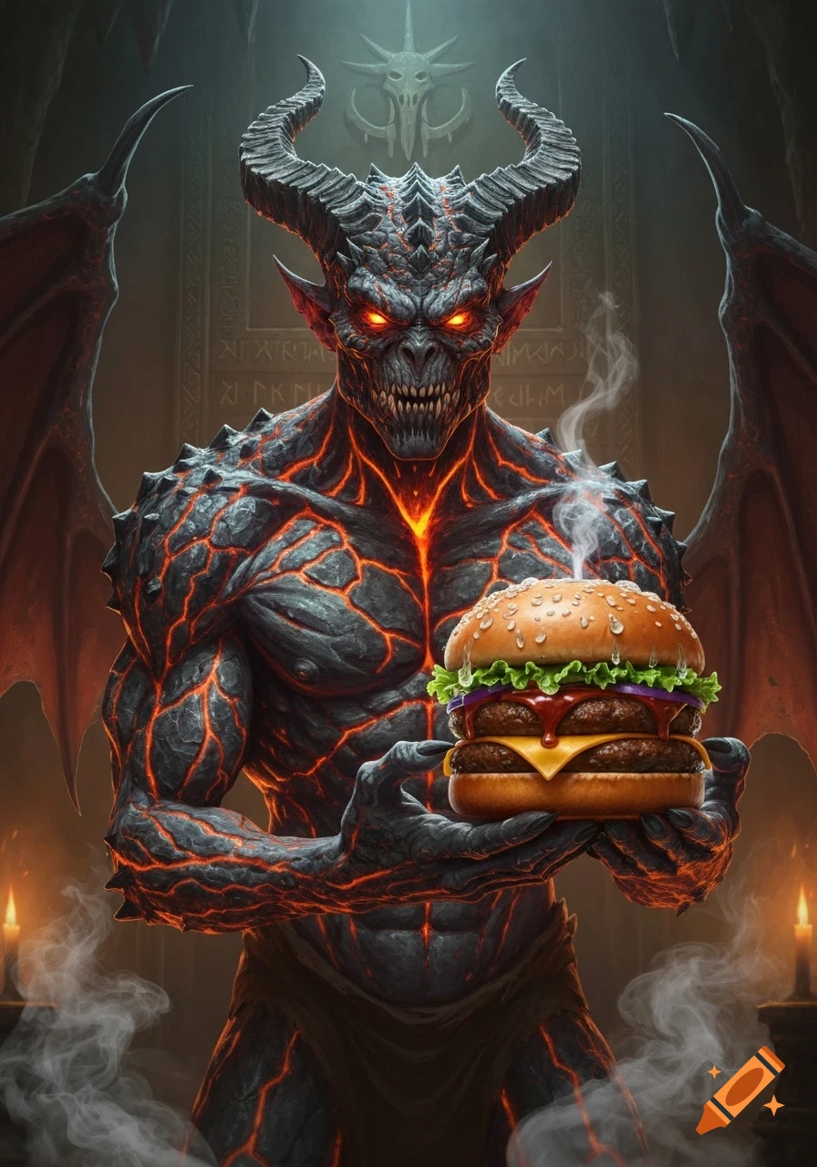 A menacing, muscular demon with glowing red eyes, large horns, and cracked, lava-like skin, holds a steaming double cheeseburger in its hands.