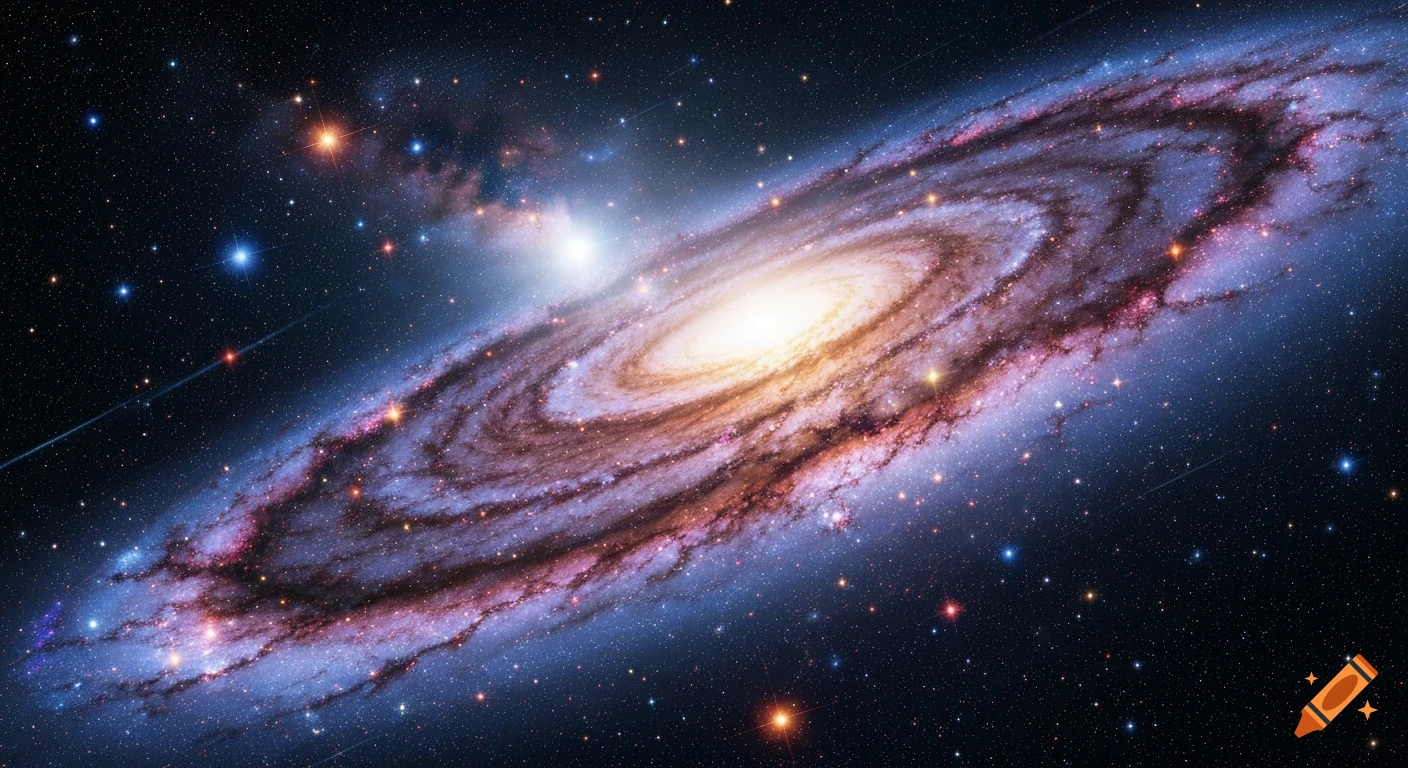 A vibrant spiral galaxy with a bright yellow core and swirling arms of blue and red nebula, surrounded by countless stars in deep space.